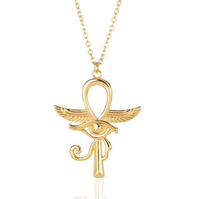 Gold Wings Eye of Horus Ankh Pendant Necklace