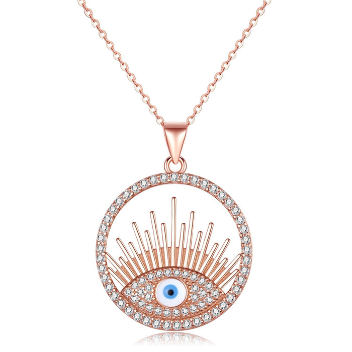Rose Gold Blue Eye of Fatima Pendant Necklace