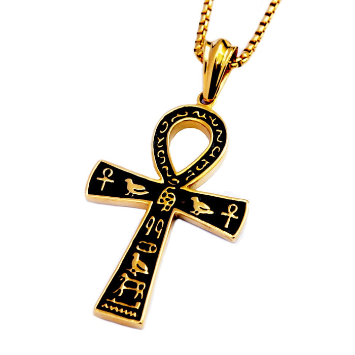 Gold Black Hieroglyph Ankh Cross Pendant Necklace