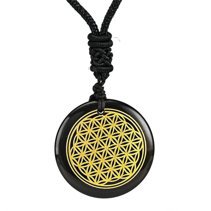Black Obsidian Flower of Life Pendant Necklace