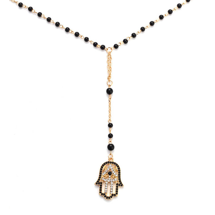 Gold Black Hand of Fatima Pendant Necklace