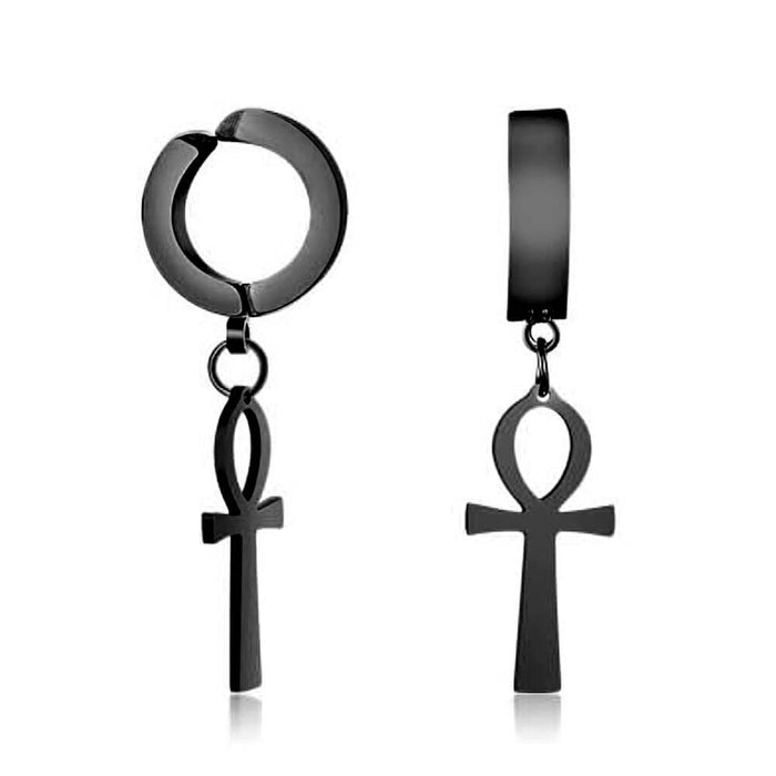 Black Clip-On Ankh Cross Earrings