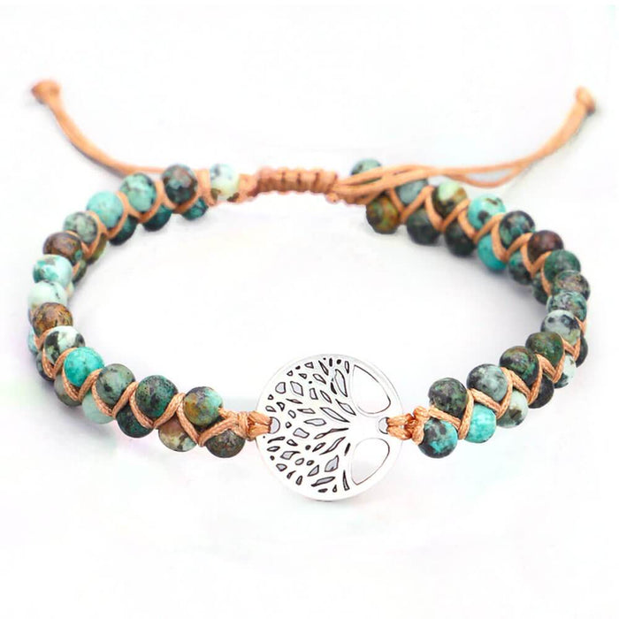 Silver Tree of Life Green Beaded Bracelet