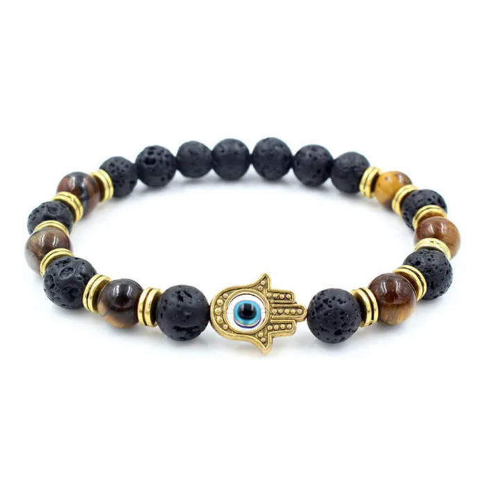 Gold Tiger Eye Beaded Hand of Fatima Greek Evil Eye Bracelet