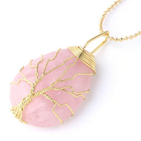 Gold Pink Quartz Tree of Life Pendant Necklace