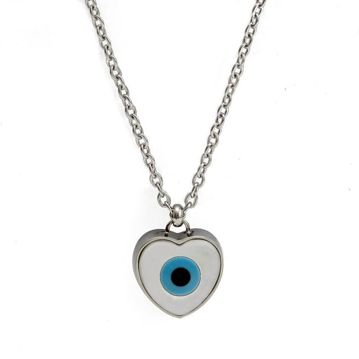 Silver Turkish Evil Eye Heart Pendant Necklace