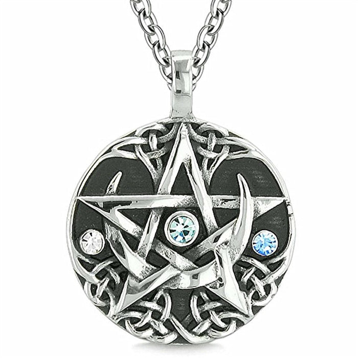 Crystal Moon Pentacle Pendant Necklace – Stainless Steel