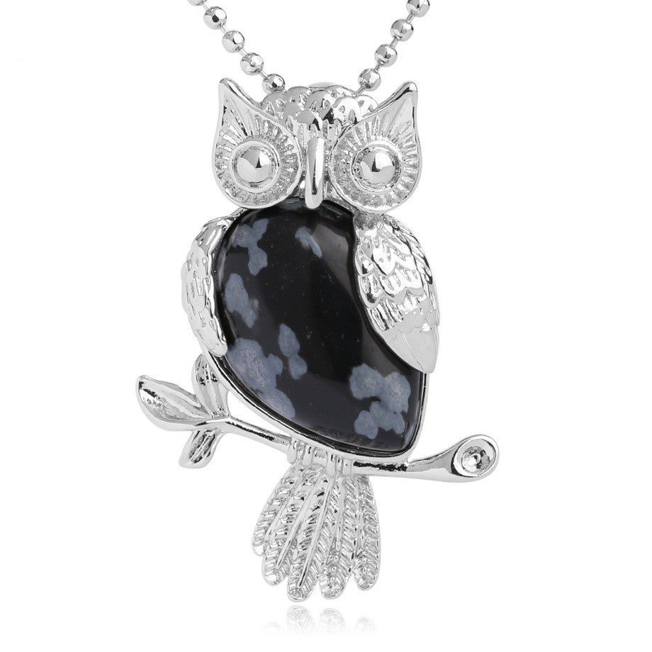 Snow Obsidian Owl Pendant Necklace