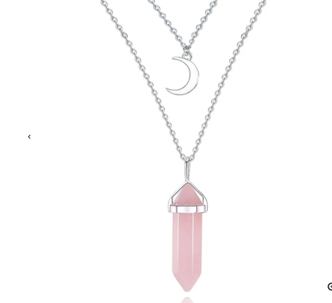 Pink Quartz Column Crescent Moon Pendant Necklace