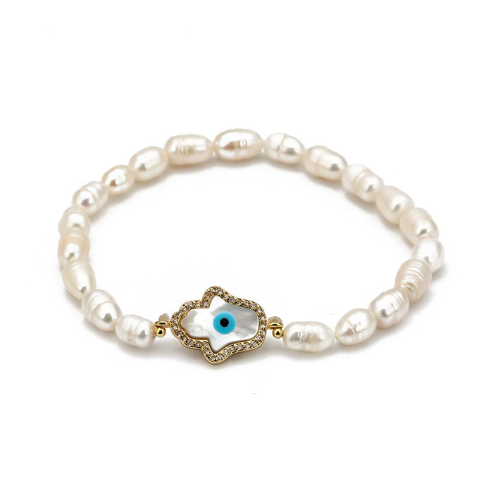 Blue Evil Eye Hand of Fatima Beaded Stretch Bracelet