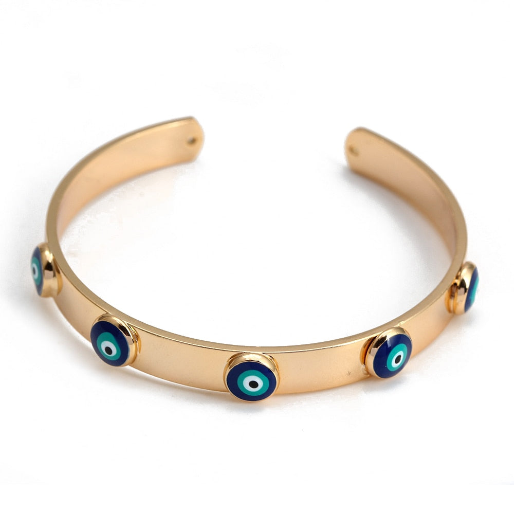 Gold Flat Greek Evil Eye Bangle Bracelet