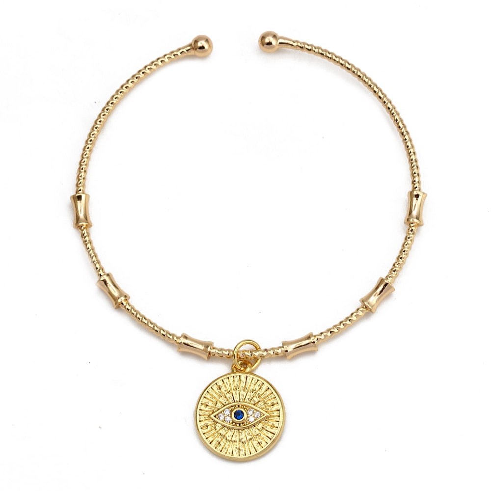 Gold Eye of Fatima Medal Bangle Bracelet