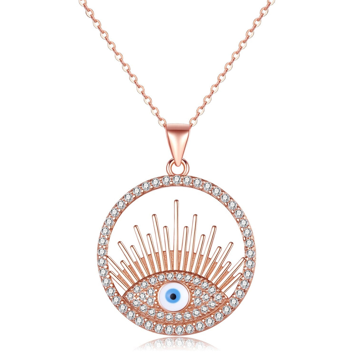 Rose Gold Blue Eye of Fatima Pendant Necklace