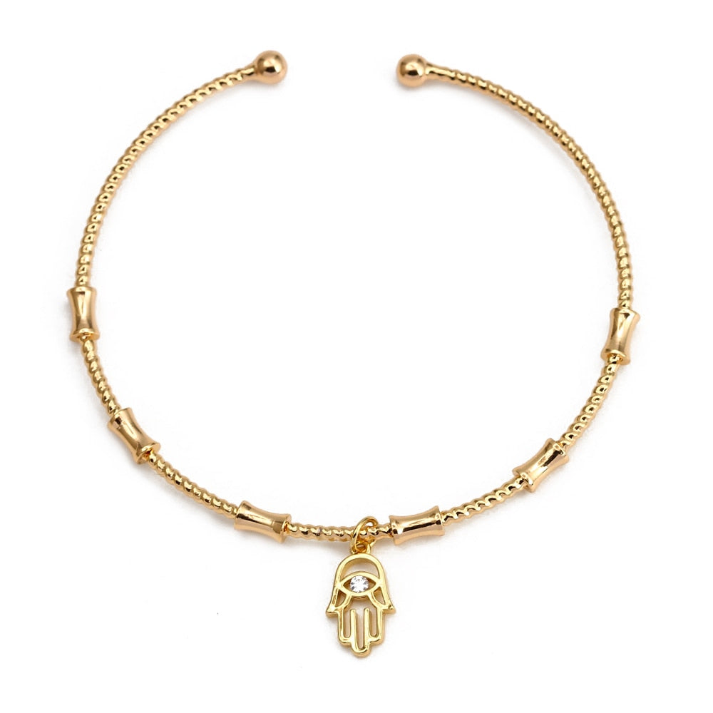 Gold Hand of Fatima Pendant Bangle Bracelet