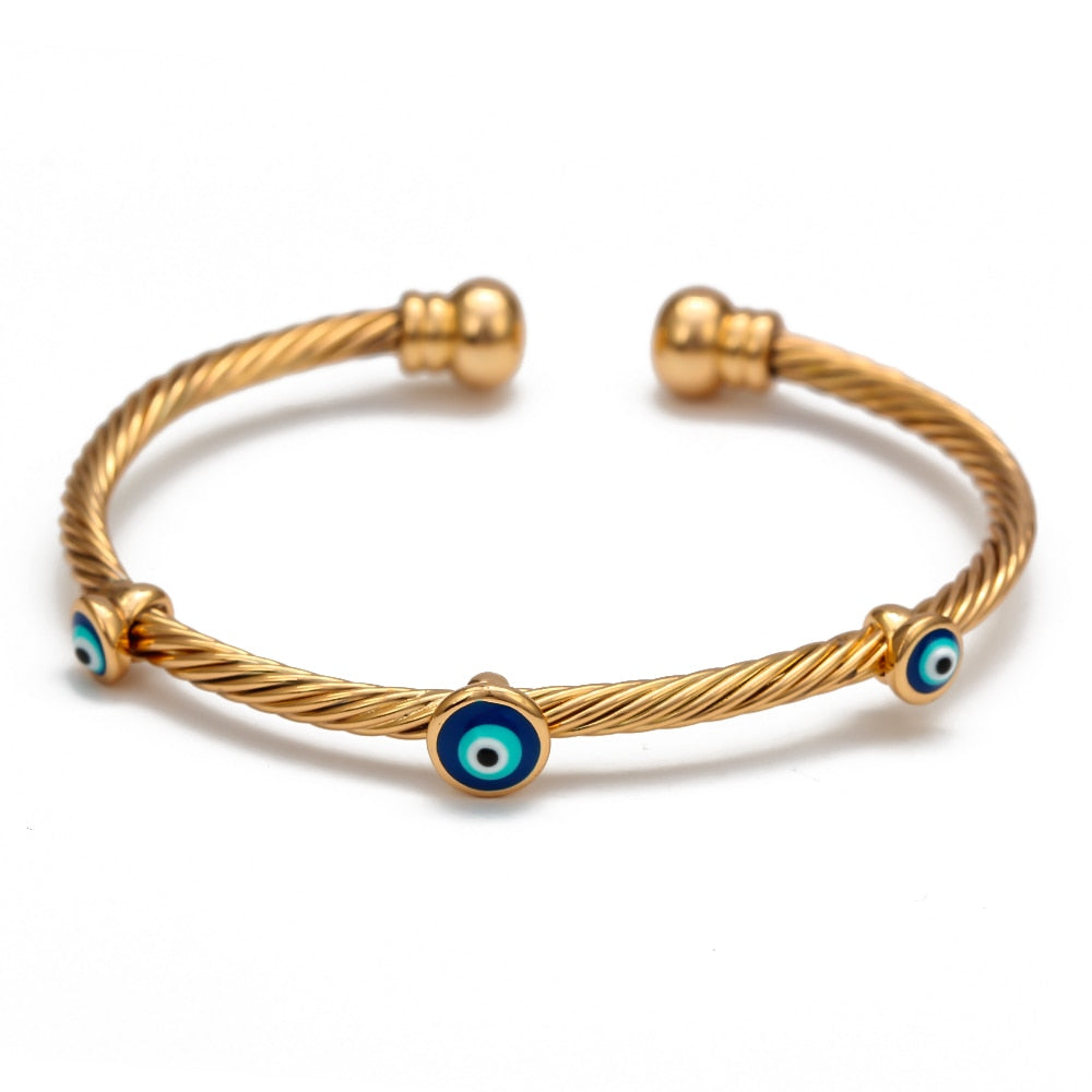 Gold Twisted Greek Evil Eye Bangle Bracelet