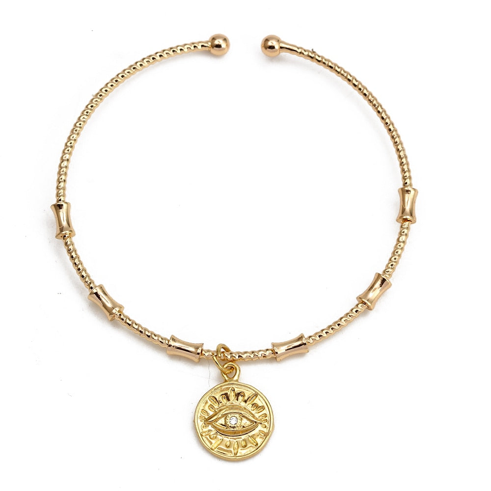 Gold Eye of Fatima Medal Adjustable Bangle Bracelet