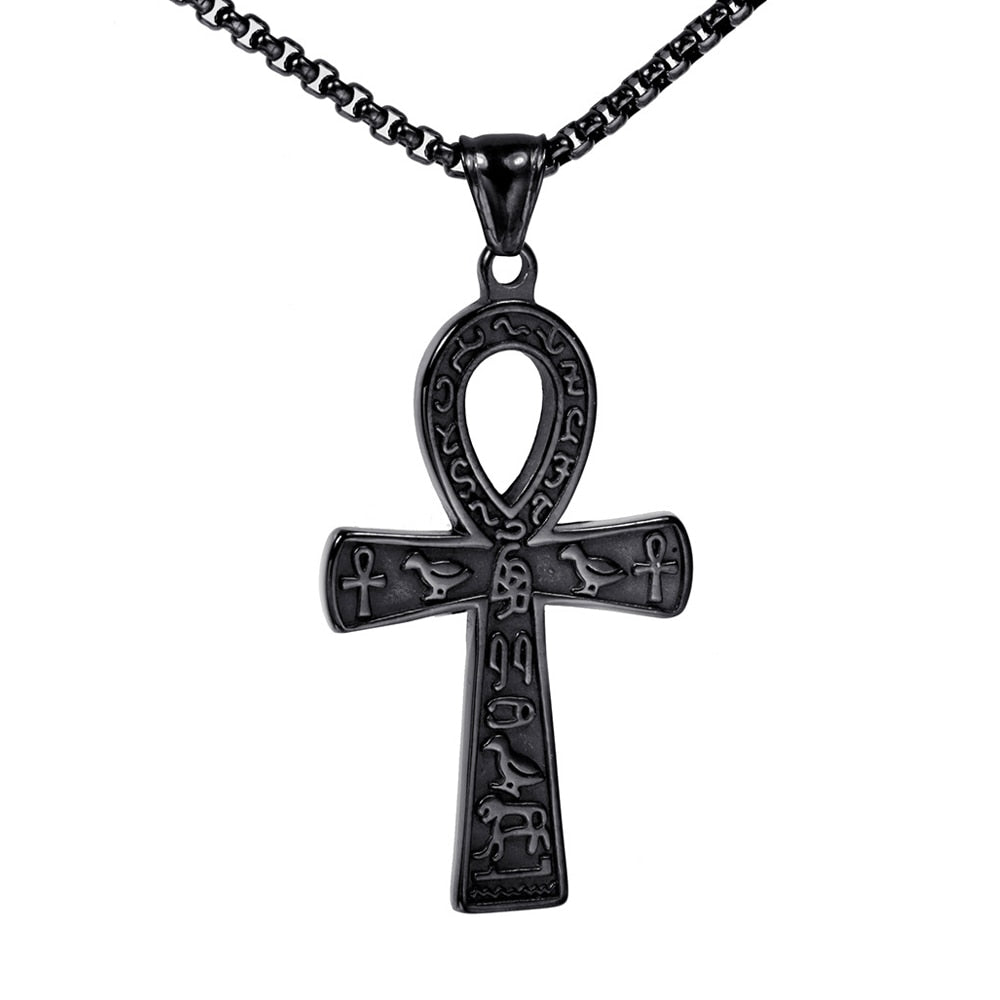 Black Hieroglyph Ankh Cross Pendant Necklace