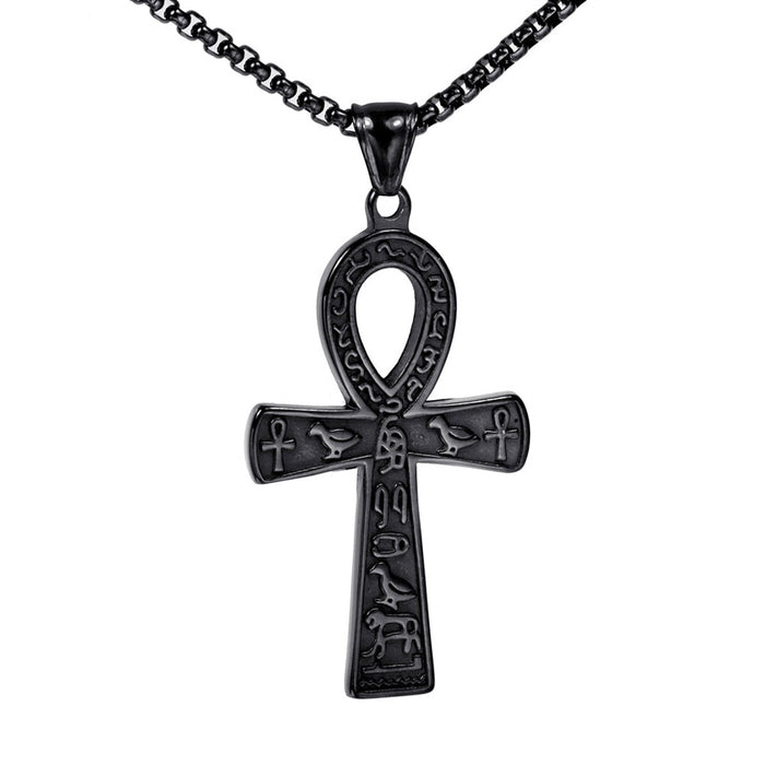 Black Hieroglyph Ankh Cross Pendant Necklace
