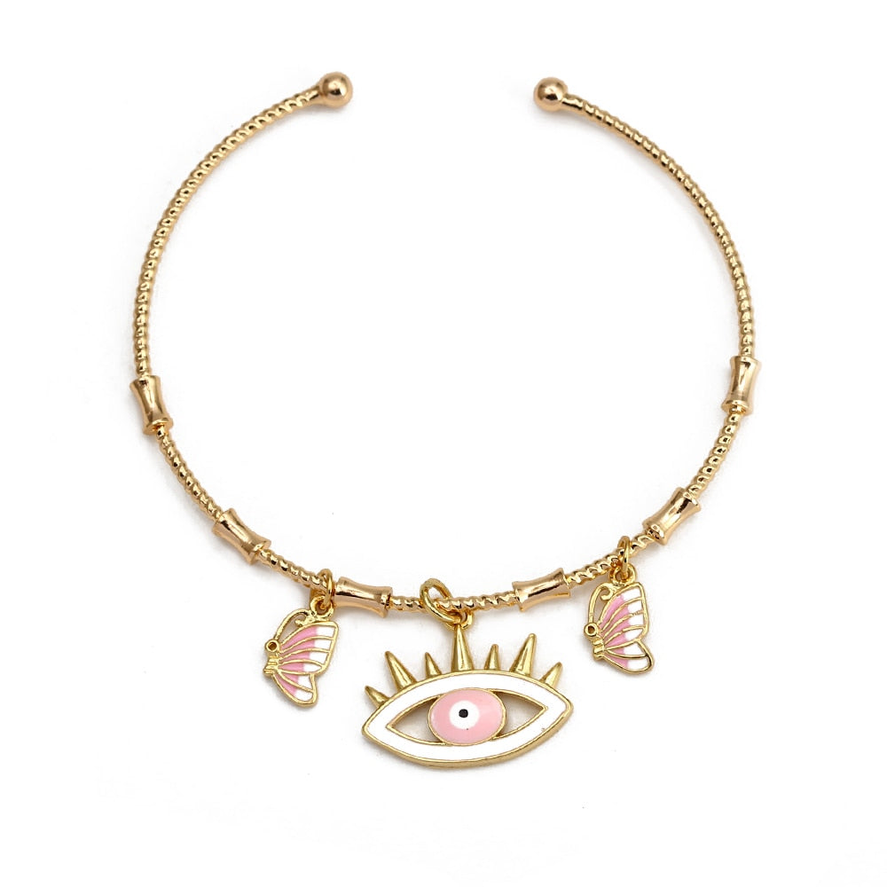 Gold Pink Eye of Fatima Bangle Bracelet