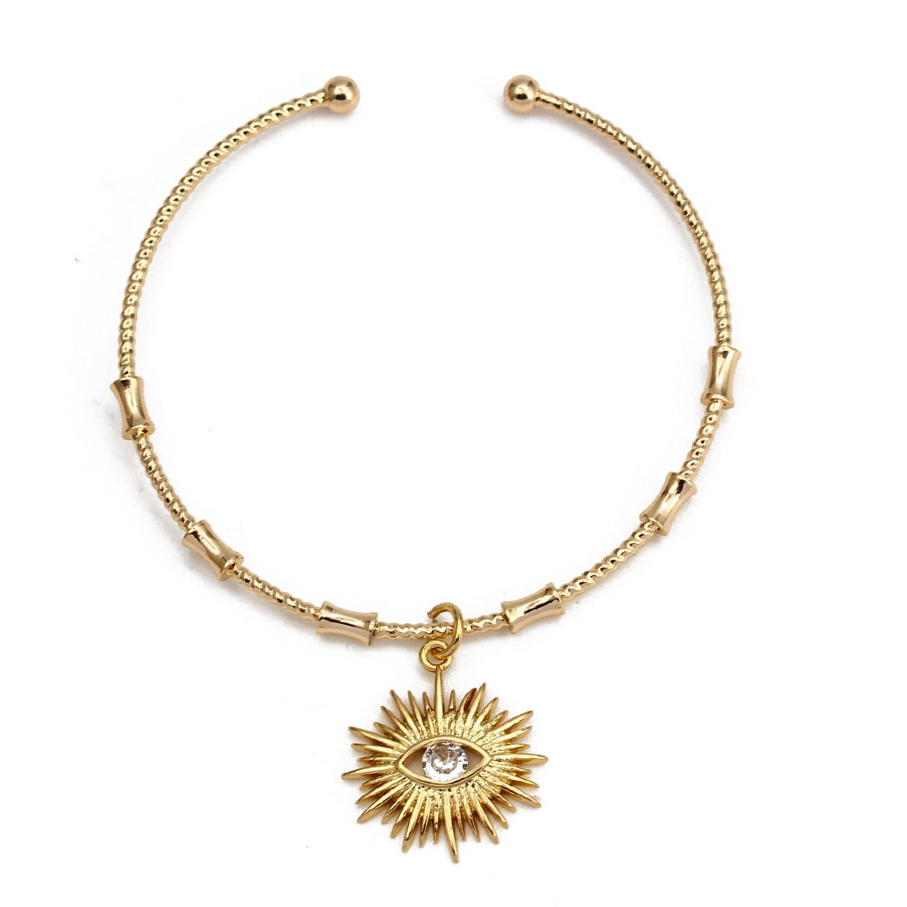 Gold Sun Eye of Fatima Bangle Bracelet