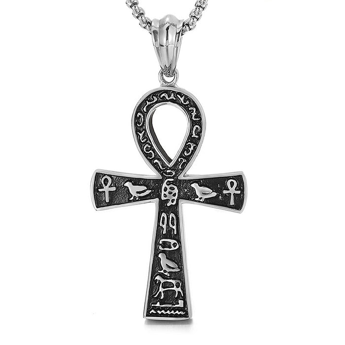 Silver Hieroglyph Ankh Cross Pendant Necklace
