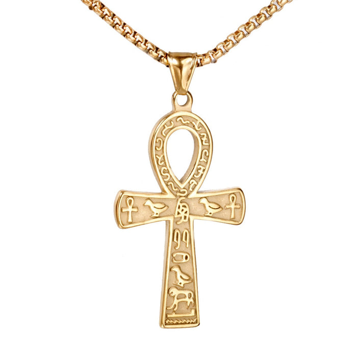 Gold Hieroglyph Ankh Cross Pendant Necklace