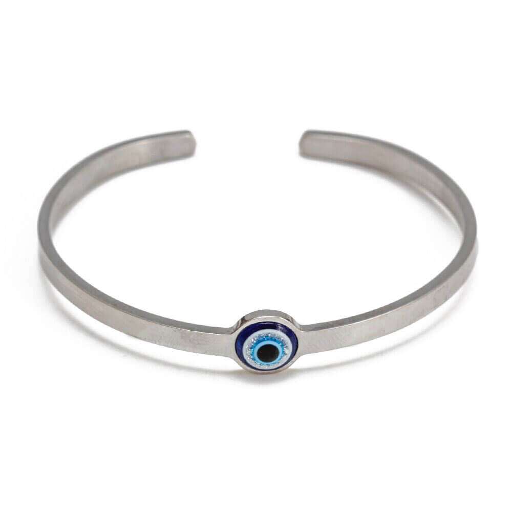 Silver Greek Evil Eye Bangle Bracelet – Stainless Steel