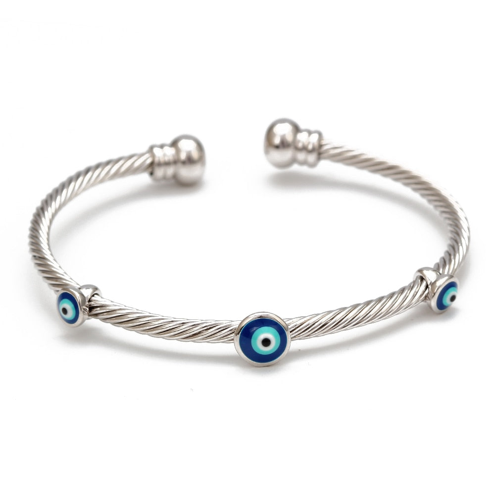 Silver Twisted Greek Evil Eye Bangle Bracelet