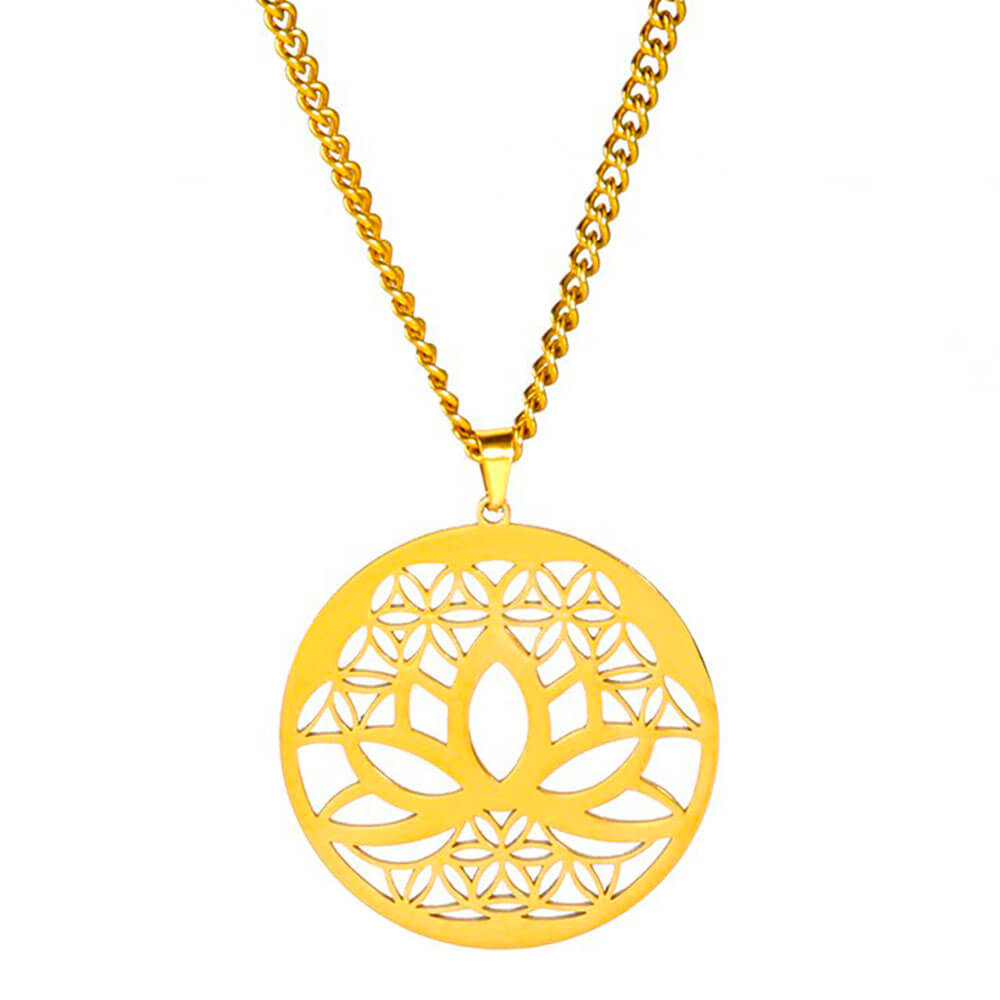 Gold Flower of Life Lotus Pendant Necklace