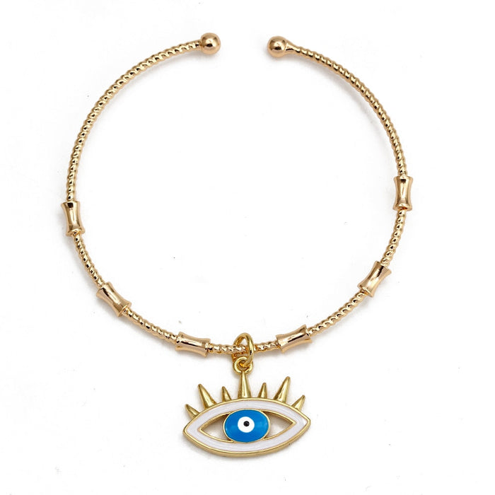 Gold Blue Eye of Fatima Bangle Bracelet