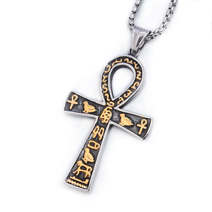 Silver Gold Hieroglyph Ankh Cross Pendant Necklace