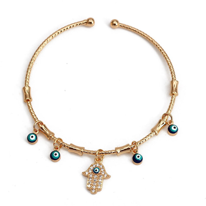 Gold Hand of Fatima Greek Evil Eye Bangle Bracelet