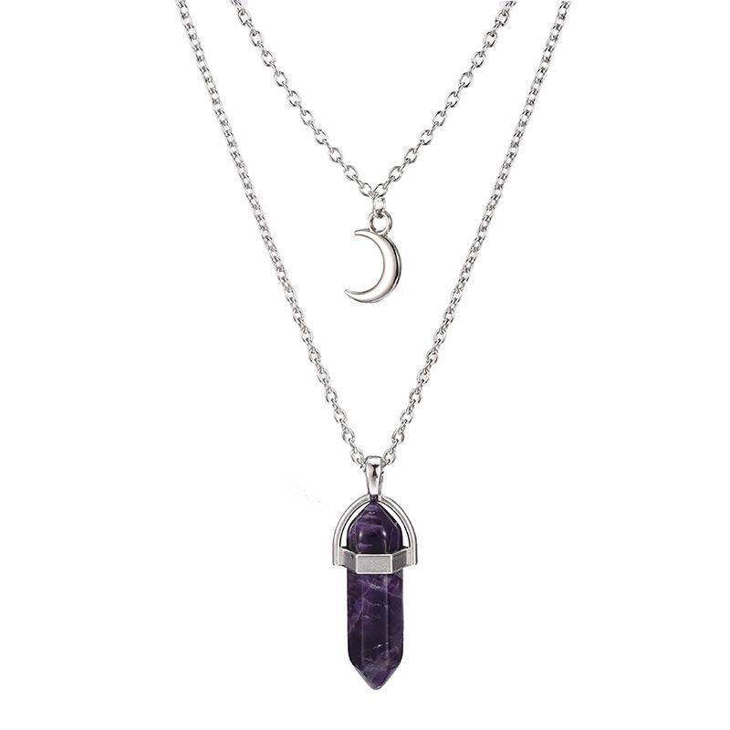 Amethyst Column Crescent Moon Pendant Necklace
