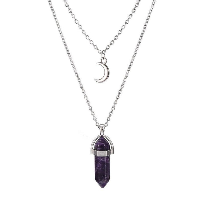 Amethyst Column Crescent Moon Pendant Necklace