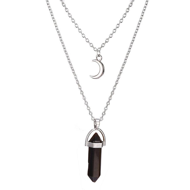 Obsidian Column Crescent Moon Pendant Necklace