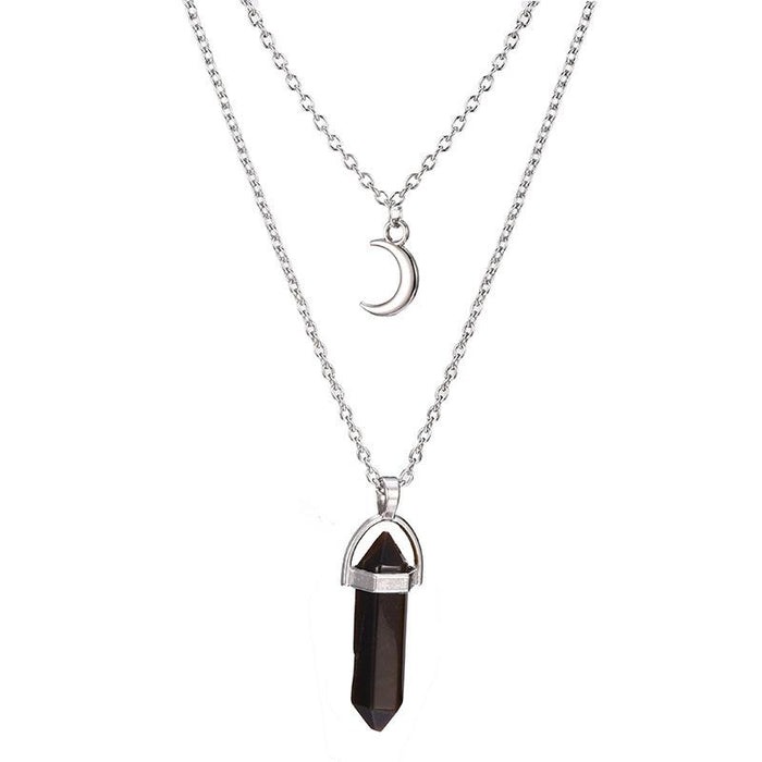 Obsidian Column Crescent Moon Pendant Necklace