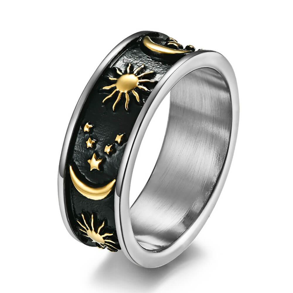 Black and Gold Moon and Sun Band Ring – Stainless Steel