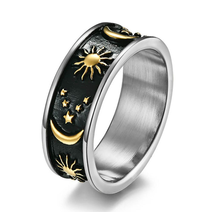 Black and Gold Moon and Sun Band Ring – Stainless Steel