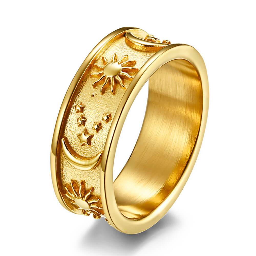Gold Moon and Sun Band Ring – Stainless Steel