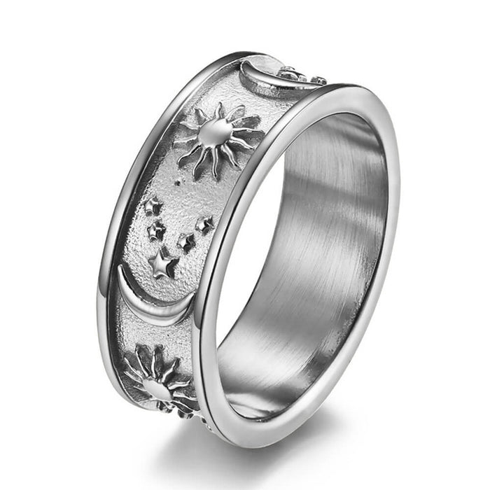 Silver Moon and Sun Band Ring – Stainless Steel