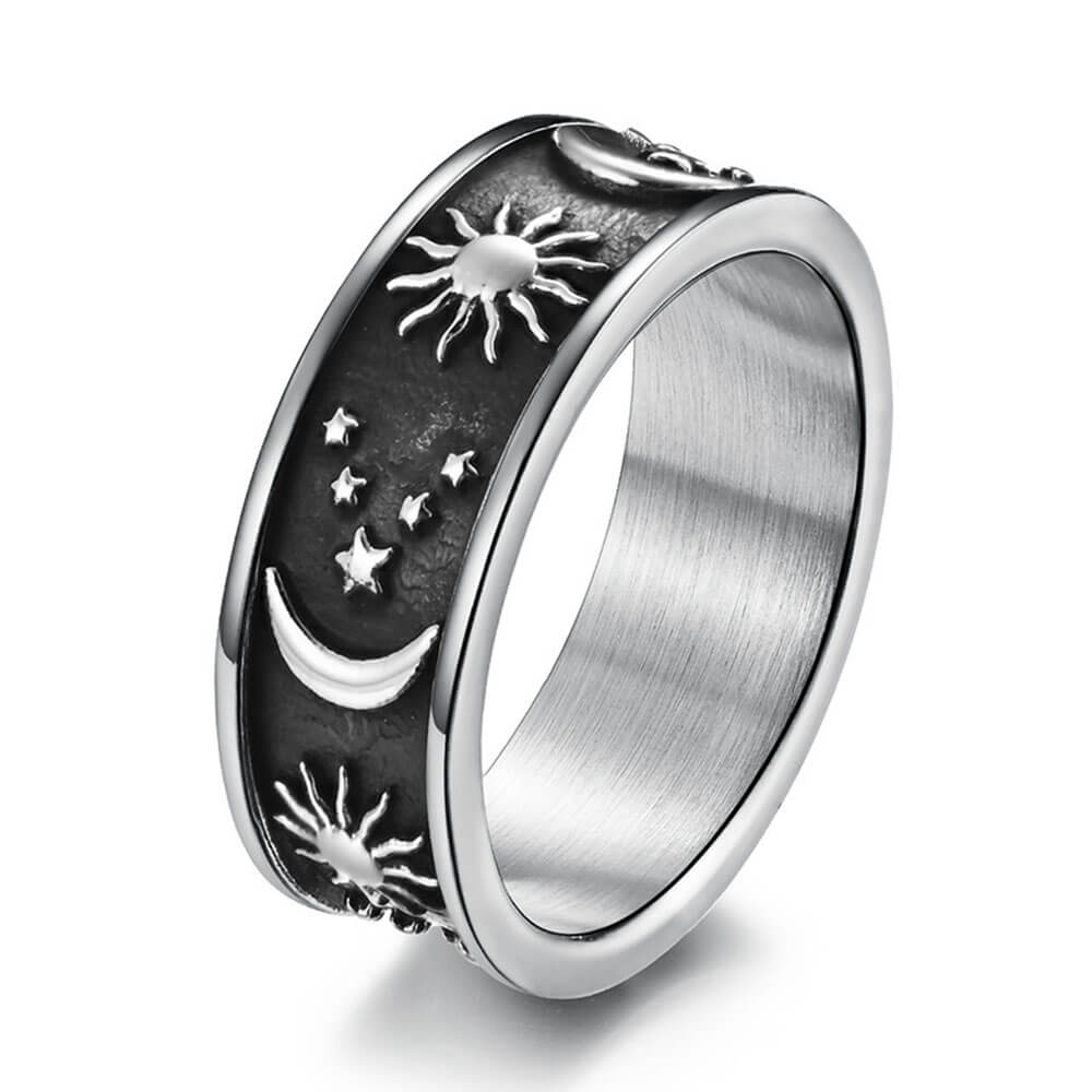 Black and Silver Moon and Sun Band Ring – Stainless Steel
