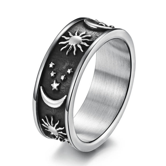 Black and Silver Moon and Sun Band Ring – Stainless Steel