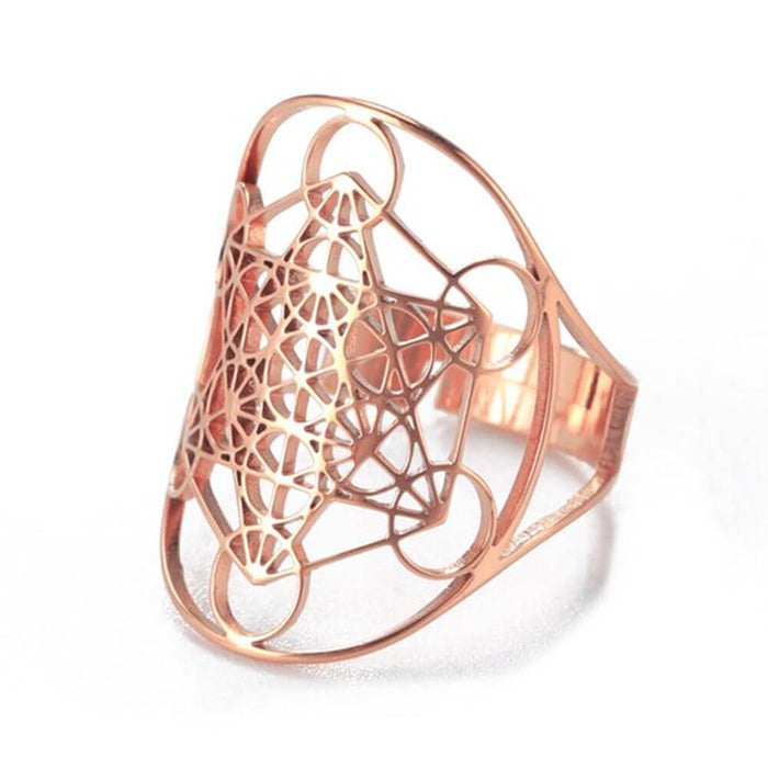 Rose Gold Metatron's Cube Adjustable Ring – Stainless Steel