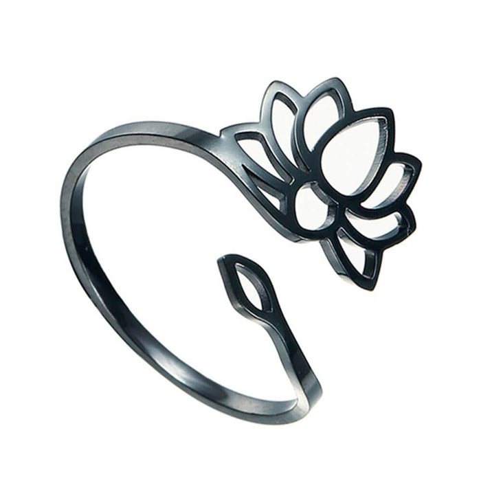 Black Lotus Flower Adjustable Ring – Stainless Steel