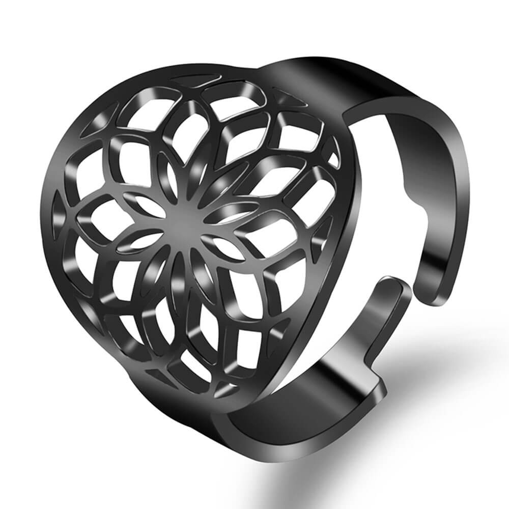Black Lotus Flower Adjustable Ring – Stainless Steel II