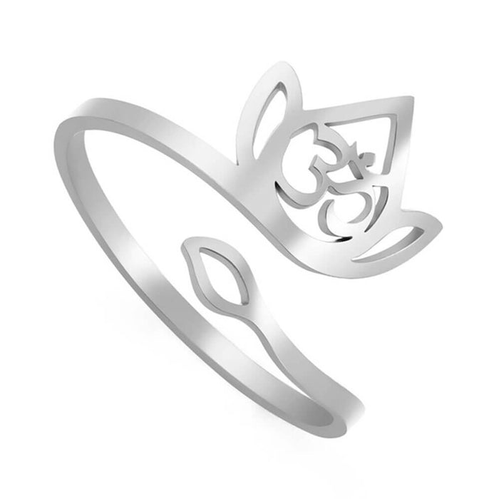 Silver Lotus Flower Aum Adjustable Ring – Stainless Steel