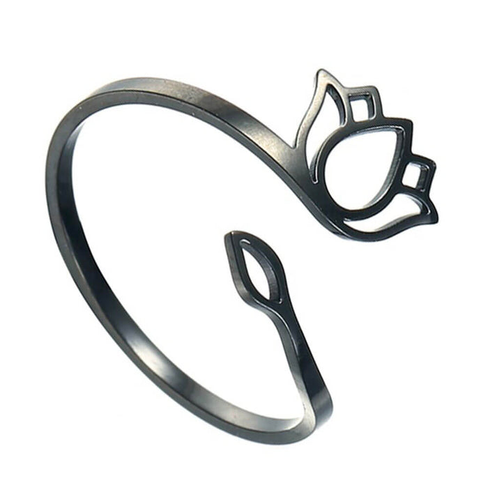 Black Lotus Flower Small Adjustable Ring – Stainless Steel