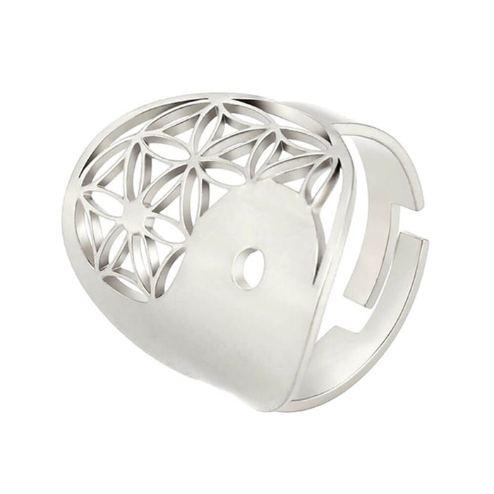 Silver Yin Yang Flower of Life Adjustable Ring