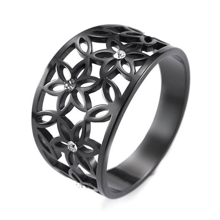 Black Crystal Flower of Life Ring – Stainless Steel