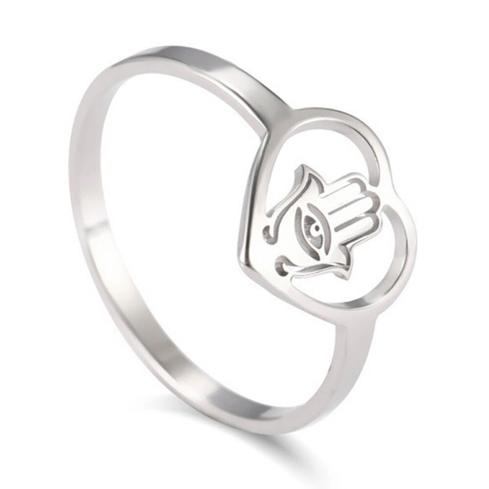 Silver Khamsa Hand of Fatima Heart Ring – Stainless Steel